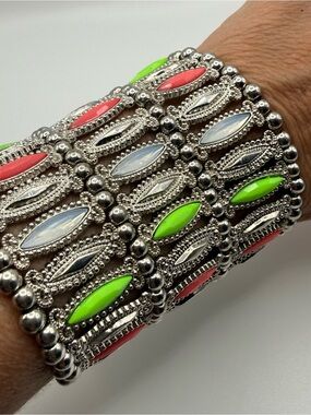 Multi-Row Silver Bracelet with Neon Green, Coral and Opal Accents